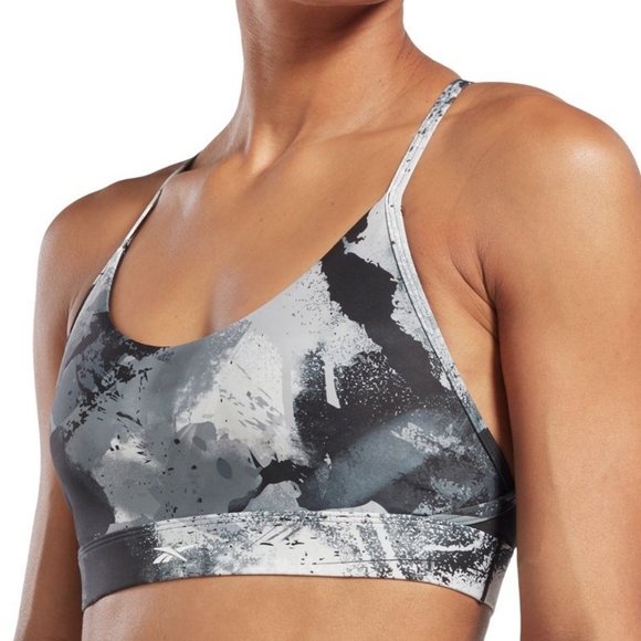 Reebok Women's Lux Strappy All Over Print Mid Sports Bra - Black - Picture 2 of 4